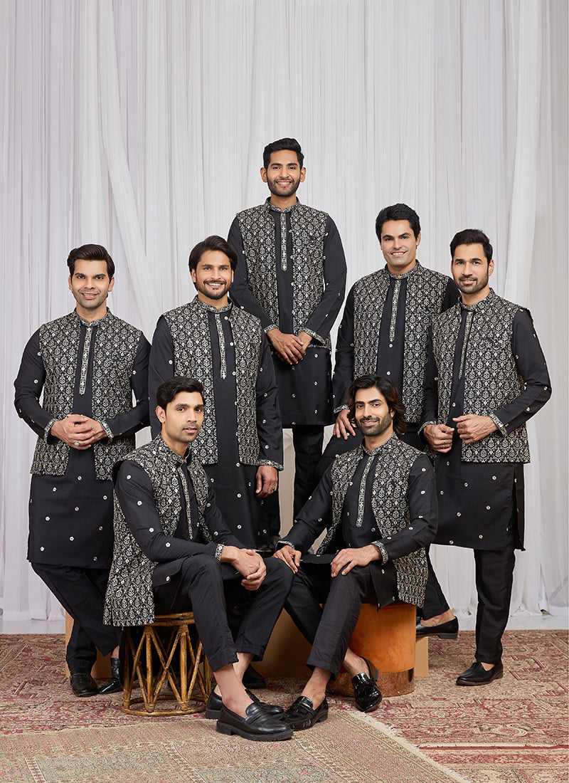 Black Art Banarasi Silk Patten Pcs Festival Wear Readymade Kurta Pajama With Jacket SW834571
