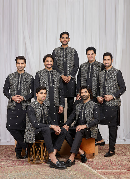 Black Art Banarasi Silk Patten Pcs Festival Wear Readymade Kurta Pajama With Jacket SW834571