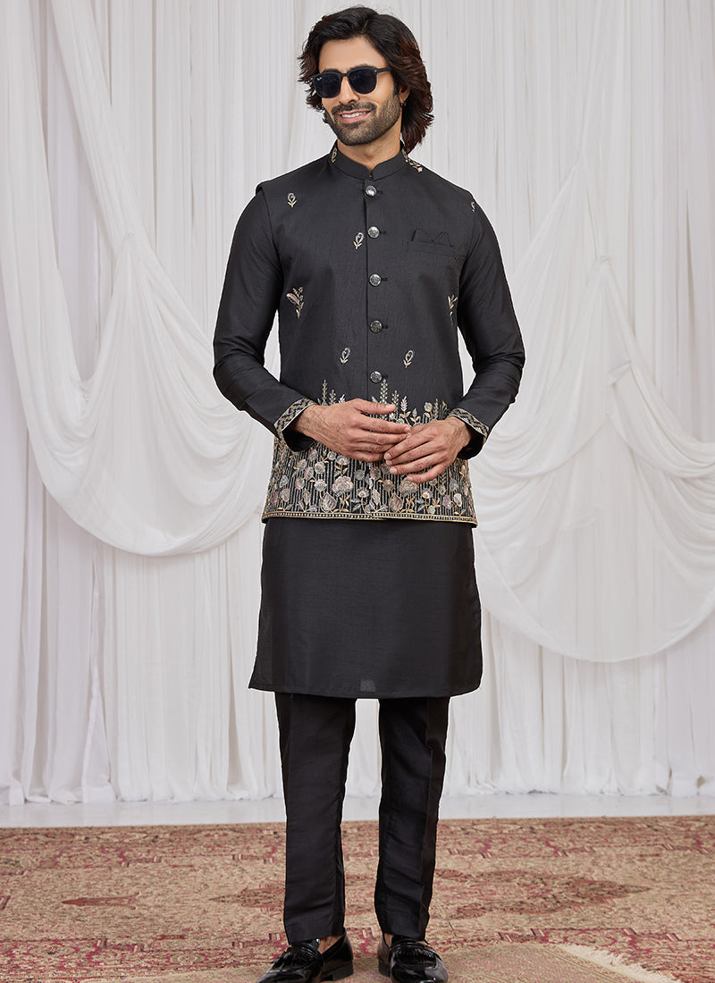 Black Art Banarasi Silk Patten Pcs Festival Wear Readymade Kurta Pajama With Jacket SW899101