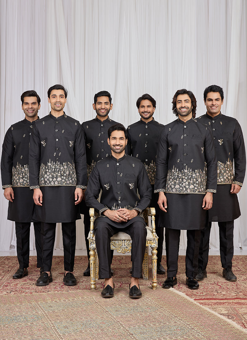 Black Art Banarasi Silk Patten Pcs Festival Wear Readymade Kurta Pajama With Jacket SW899101