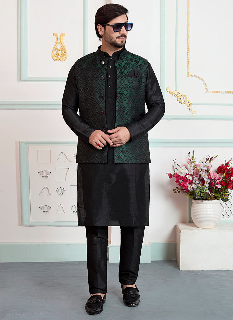 Black Art Banarasi Silk Pattern Pcs Wedding Wear Readymade Modi Jacket Kurta Pajama SW253038