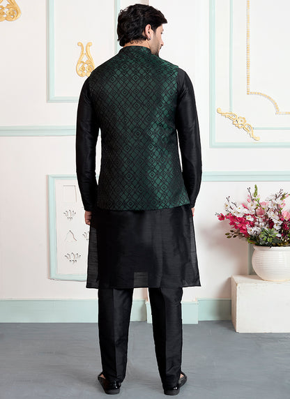 Black Art Banarasi Silk Pattern Pcs Wedding Wear Readymade Modi Jacket Kurta Pajama SW253038