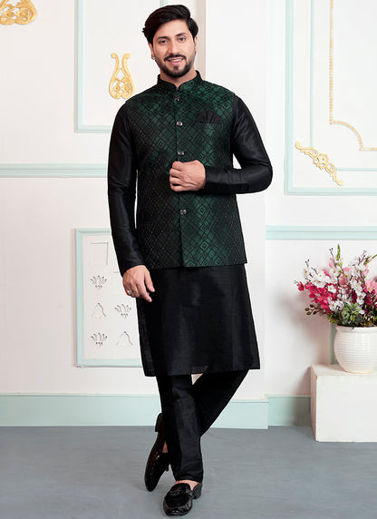 Black Art Banarasi Silk Pattern Pcs Wedding Wear Readymade Modi Jacket Kurta Pajama SW253038