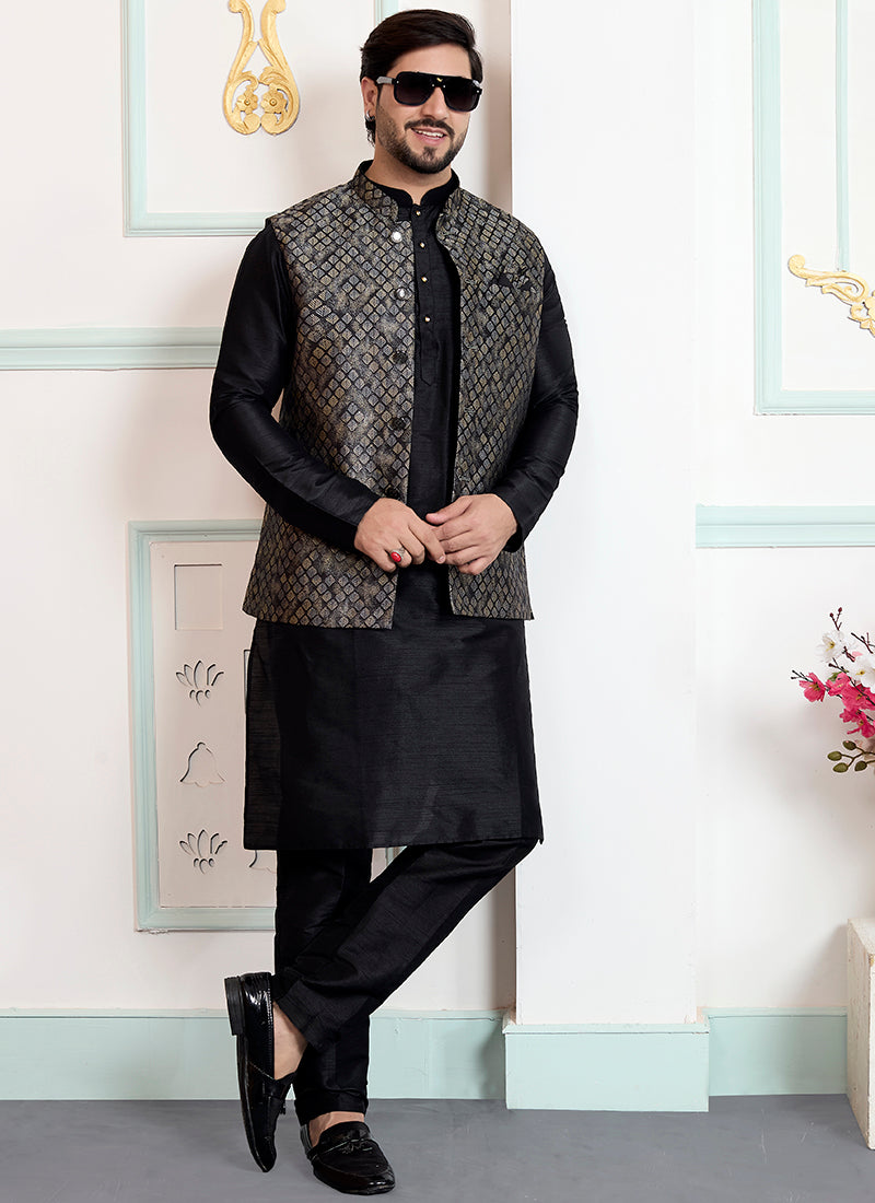 Black Art Banarasi Silk Pattern Pcs Wedding Wear Readymade Modi Jacket Kurta Pajama SW696152