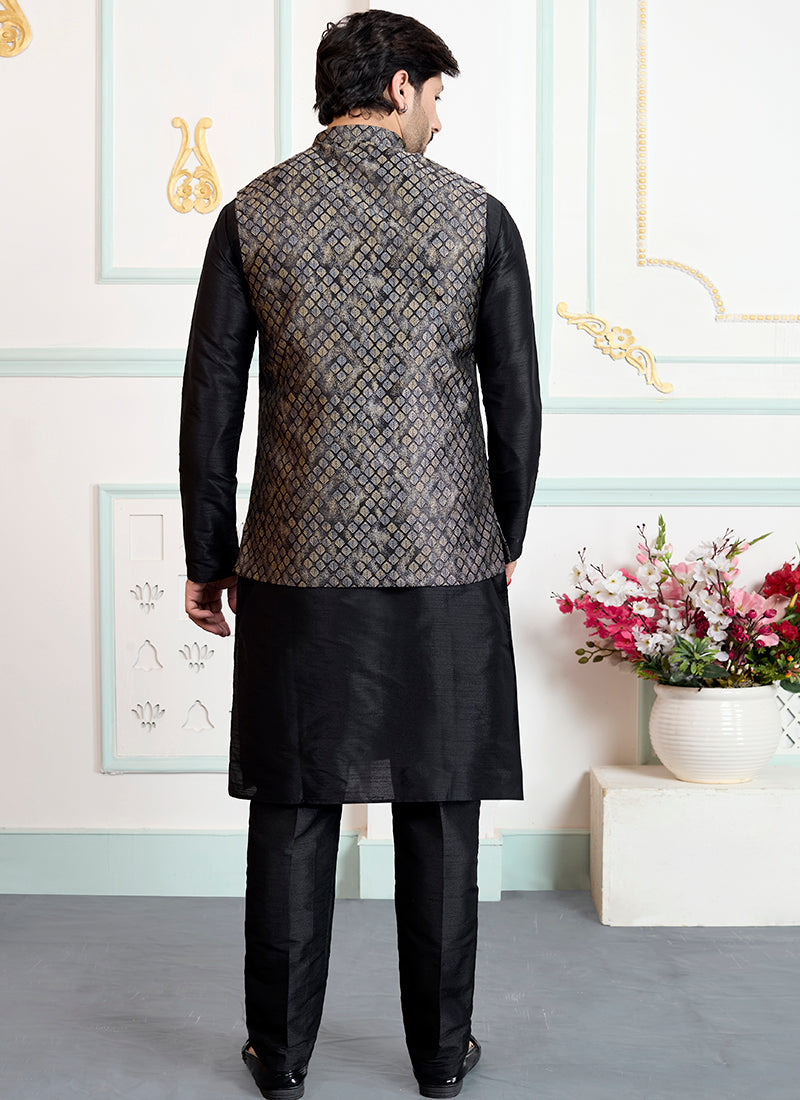 Black Art Banarasi Silk Pattern Pcs Wedding Wear Readymade Modi Jacket Kurta Pajama SW696152