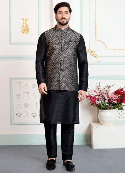 Black Art Banarasi Silk Pattern Pcs Wedding Wear Readymade Modi Jacket Kurta Pajama SW696152