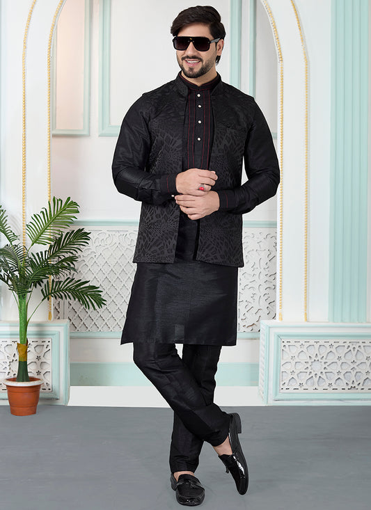 Black Art Banarasi Silk Pintux Wedding Wear Readymade Modi Jacket Kurta Pajama SW928531