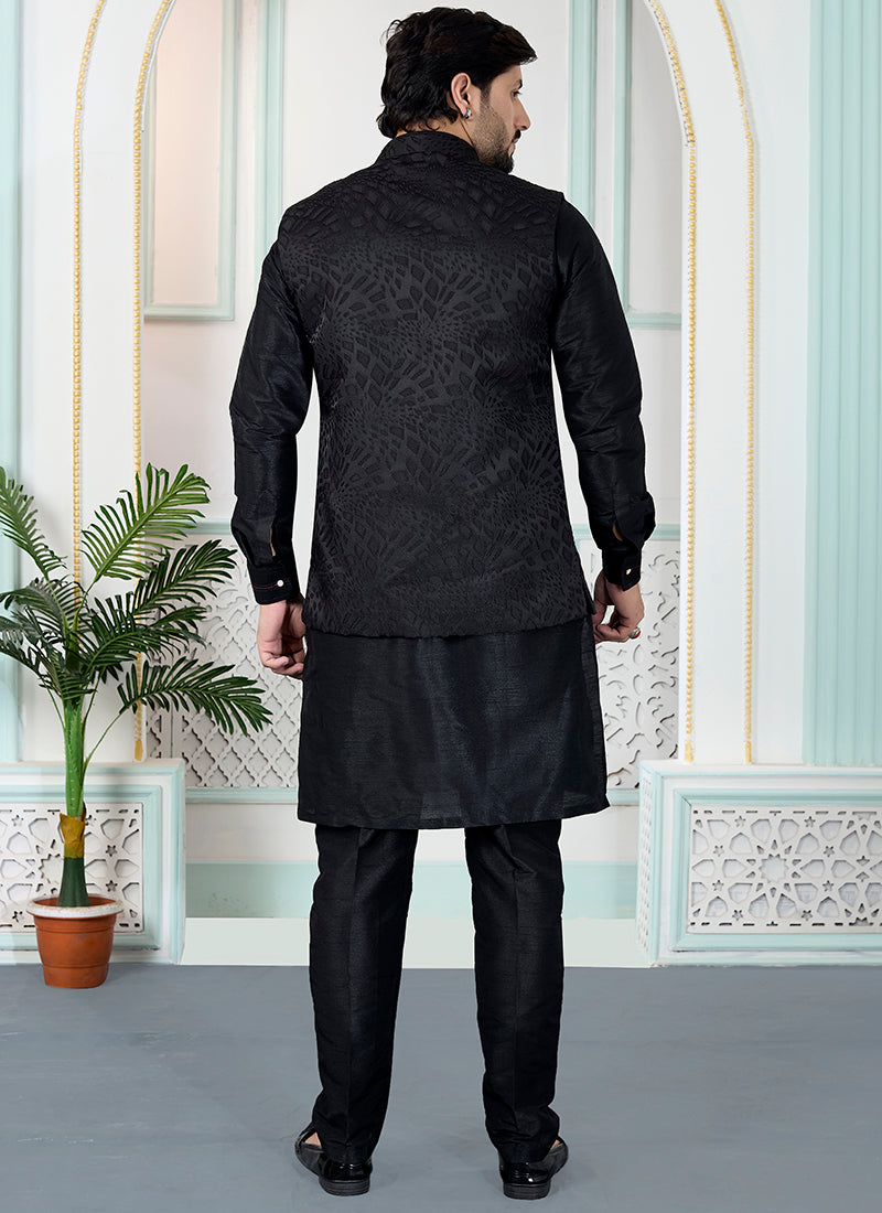 Black Art Banarasi Silk Pintux Wedding Wear Readymade Modi Jacket Kurta Pajama SW928531
