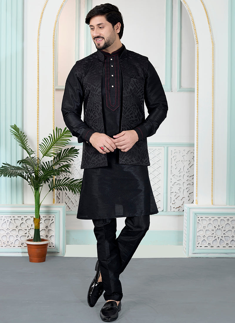 Black Art Banarasi Silk Pintux Wedding Wear Readymade Modi Jacket Kurta Pajama SW928531