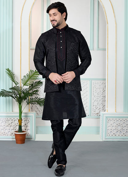 Black Art Banarasi Silk Pintux Wedding Wear Readymade Modi Jacket Kurta Pajama SW928531