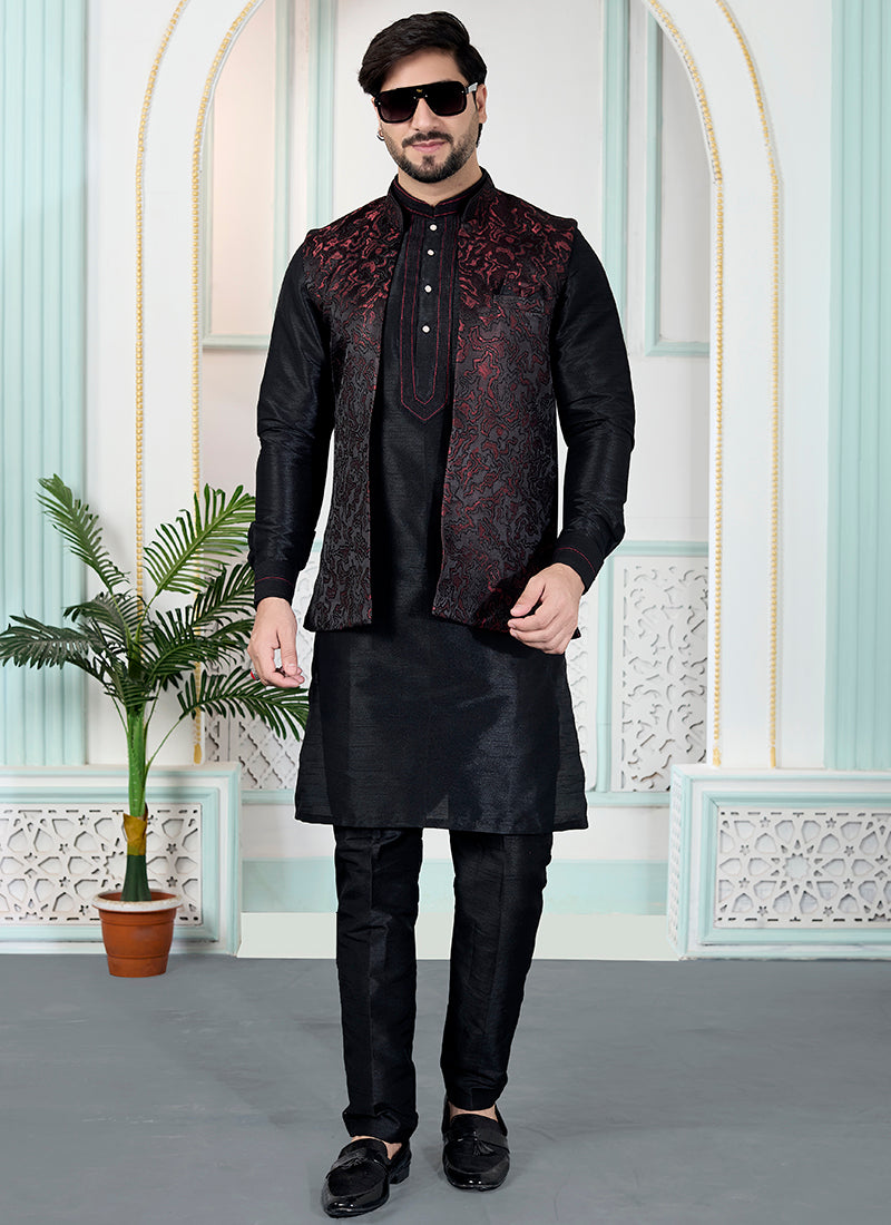 Black Art Banarasi Silk Pintux Wedding Wear Readymade Modi Jacket Kurta Pajama SW618798