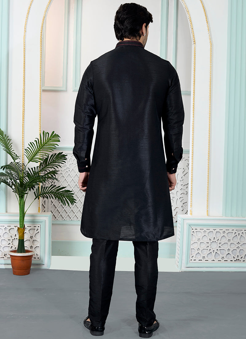 Black Art Banarasi Silk Pintux Wedding Wear Readymade Modi Jacket Kurta Pajama SW618798
