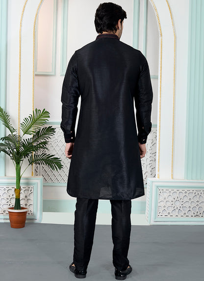 Black Art Banarasi Silk Pintux Wedding Wear Readymade Modi Jacket Kurta Pajama SW618798