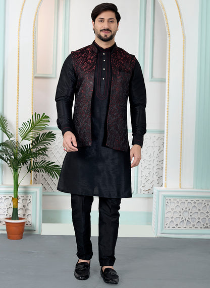 Black Art Banarasi Silk Pintux Wedding Wear Readymade Modi Jacket Kurta Pajama SW618798