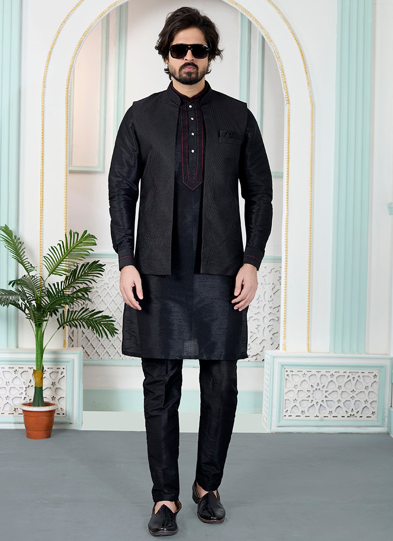 Black Art Banarasi Silk Pintux Wedding Wear Readymade Modi Jacket Kurta Pajama SW686044