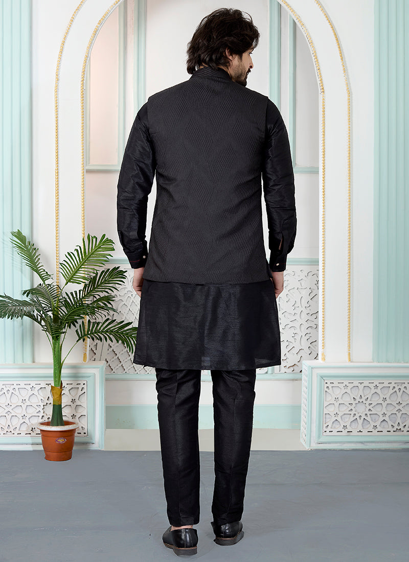 Black Art Banarasi Silk Pintux Wedding Wear Readymade Modi Jacket Kurta Pajama SW686044