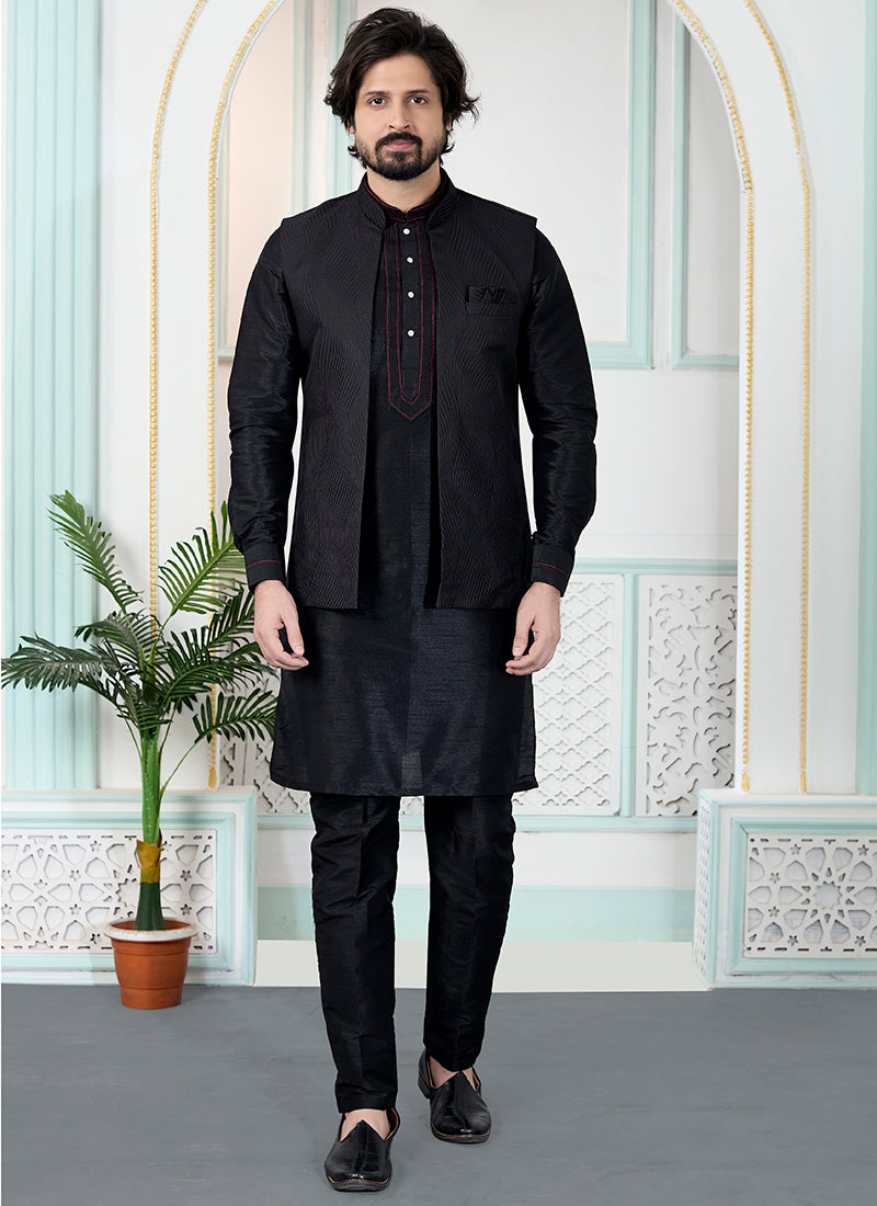 Black Art Banarasi Silk Pintux Wedding Wear Readymade Modi Jacket Kurta Pajama SW686044
