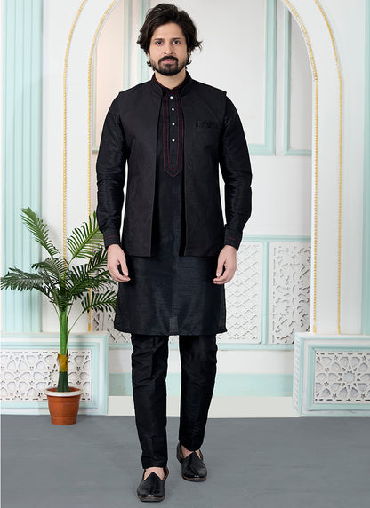 Black Art Banarasi Silk Pintux Wedding Wear Readymade Modi Jacket Kurta Pajama SW686044