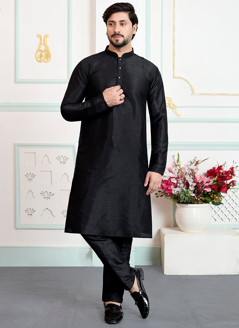 Black Art Silk Pattern Pcs Occasional Wear Readymade Kurta Pajama SW299814