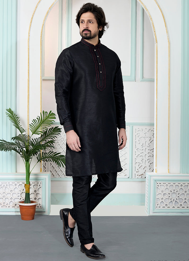 Black Art Silk Pintux Occasional Wear Readymade Kurta Pajama SW375317