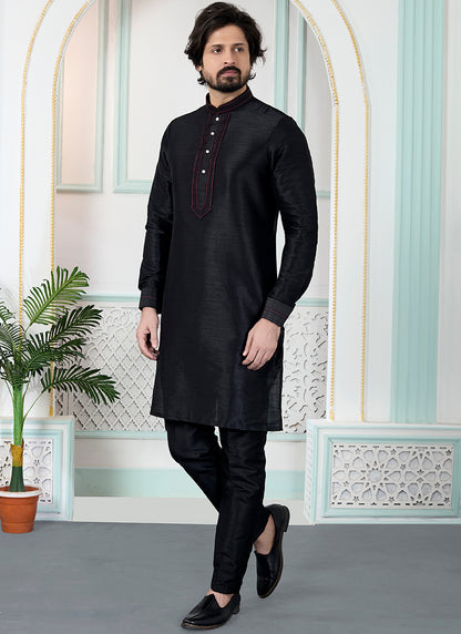 Black Art Silk Pintux Occasional Wear Readymade Kurta Pajama SW375317