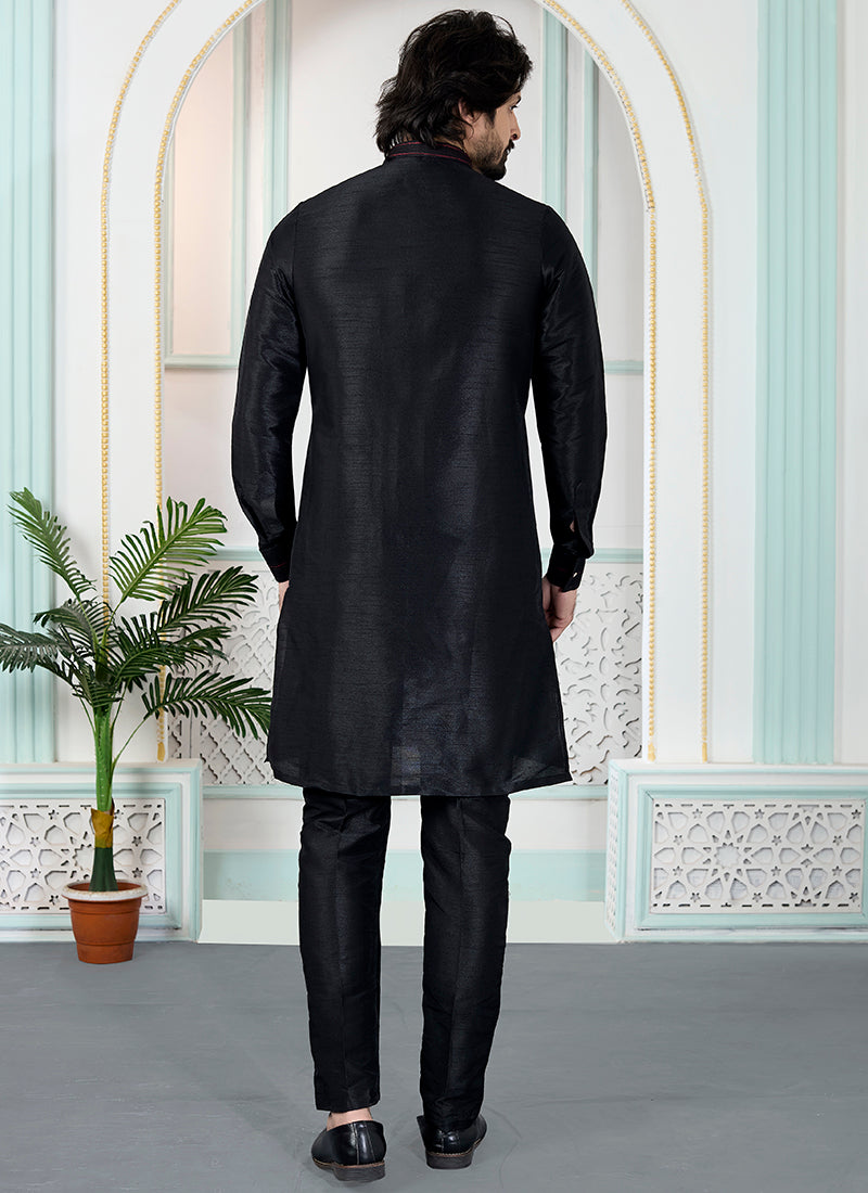 Black Art Silk Pintux Occasional Wear Readymade Kurta Pajama SW375317