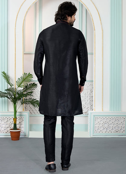 Black Art Silk Pintux Occasional Wear Readymade Kurta Pajama SW375317