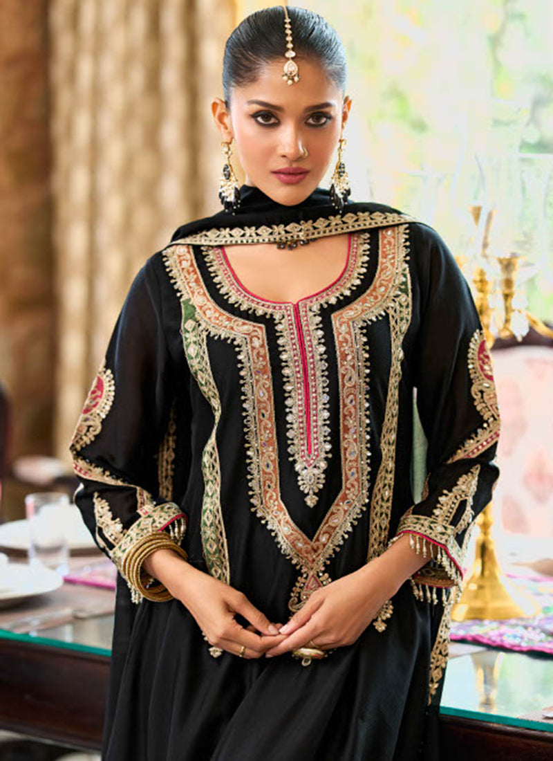 Black Chinon Embroidery Work Eid Wear Readymade Plazzo Suit SW317733