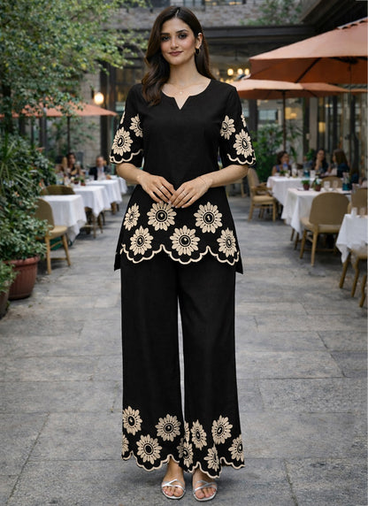 Black Cotton Stitch Work Daily Wear Readymade Cord Set SW778844