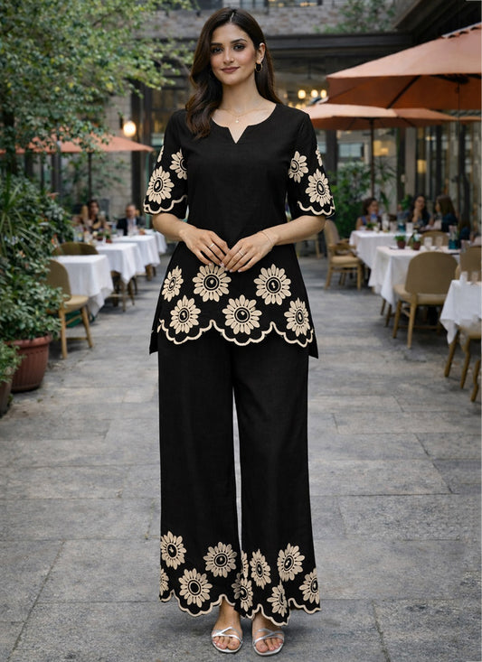 Black Cotton Stitch Work Daily Wear Readymade Cord Set SW778844