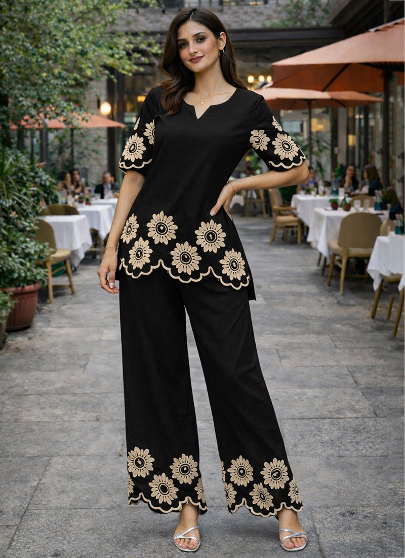 Black Cotton Stitch Work Daily Wear Readymade Cord Set SW778844