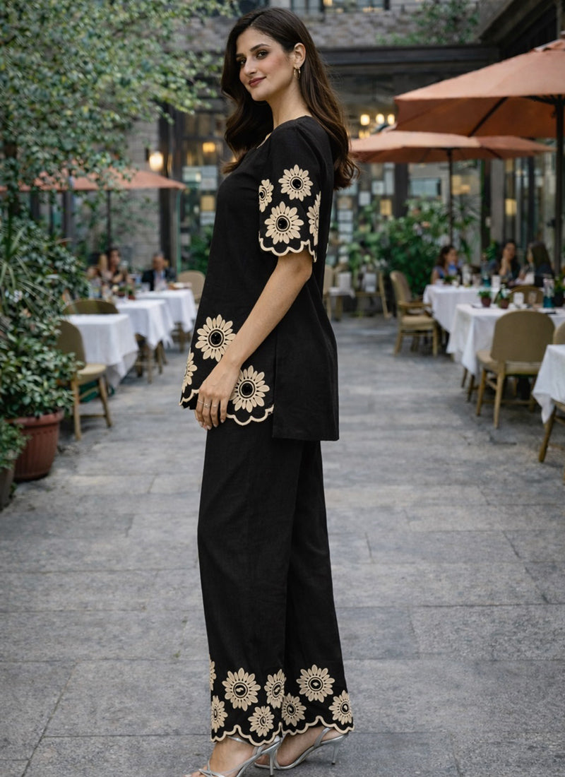 Black Cotton Stitch Work Daily Wear Readymade Cord Set SW778844