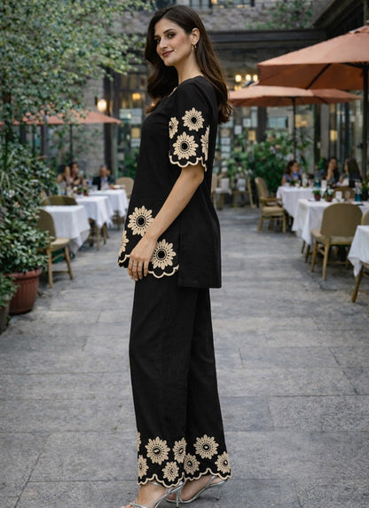 Black Cotton Stitch Work Daily Wear Readymade Cord Set SW778844