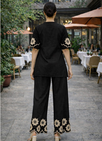 Black Cotton Stitch Work Daily Wear Readymade Cord Set SW778844