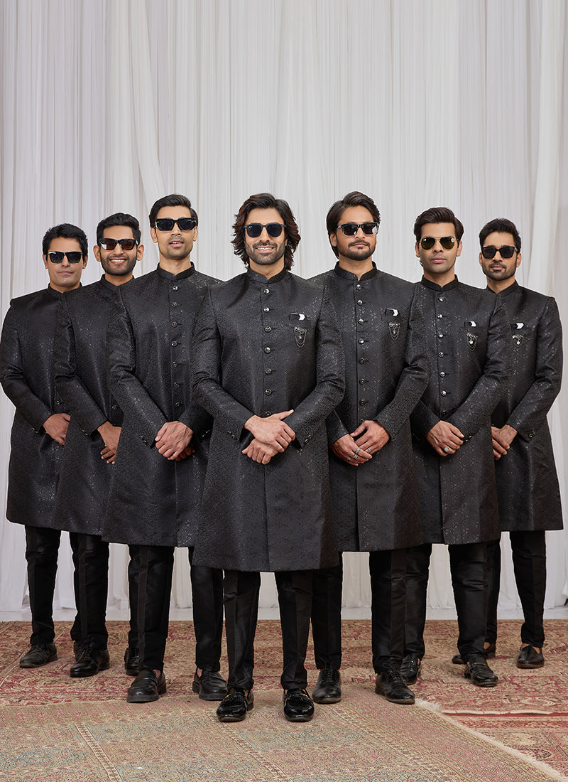Black Jaquard  Patten Pcs Wedding Wear Readymade Indowestern Suit SW977450