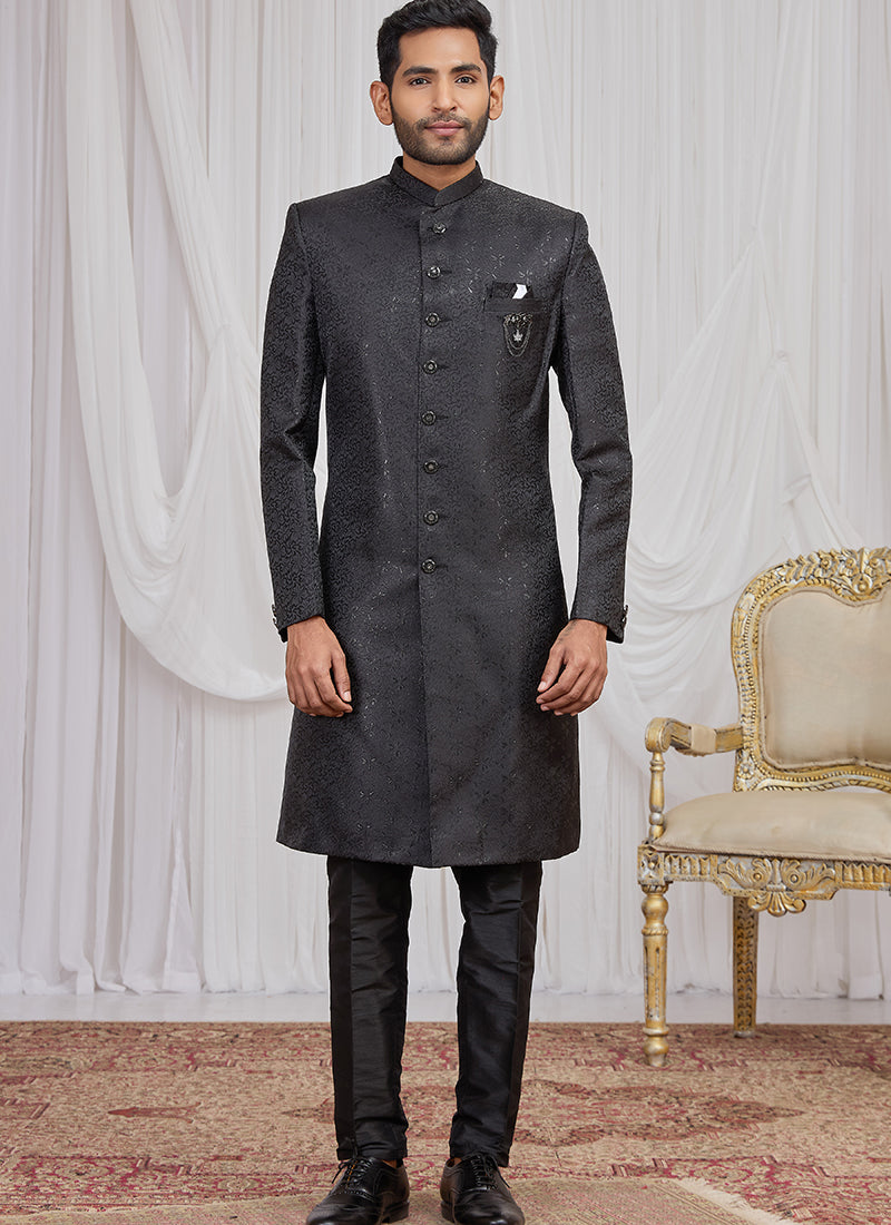 Black Jaquard  Patten Pcs Wedding Wear Readymade Indowestern Suit SW977450