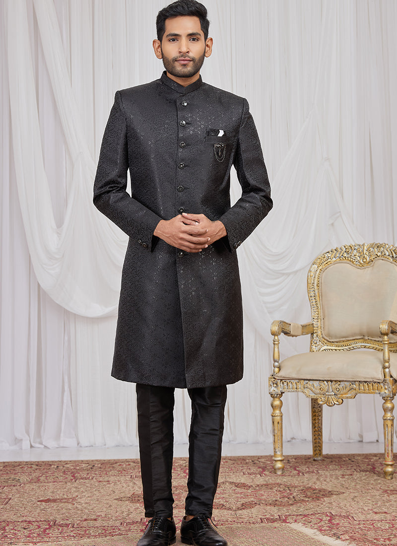 Black Jaquard  Patten Pcs Wedding Wear Readymade Indowestern Suit SW977450