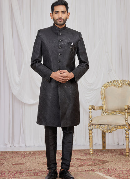 Black Jaquard  Patten Pcs Wedding Wear Readymade Indowestern Suit SW977450