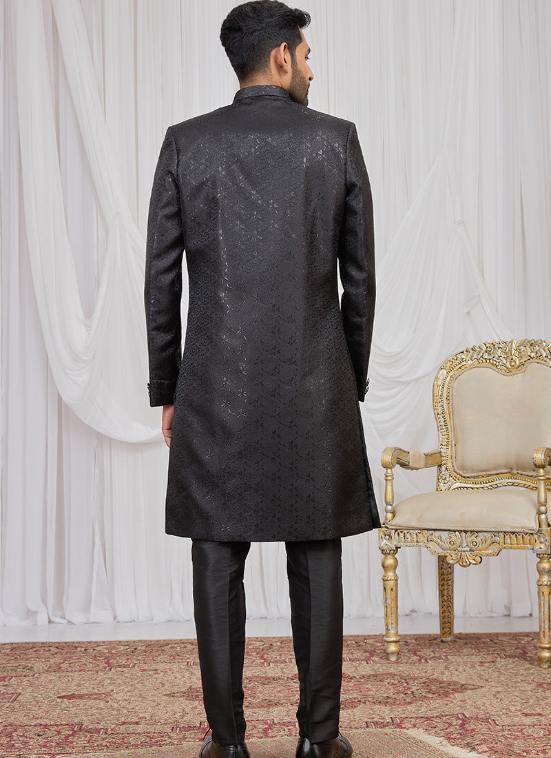 Black Jaquard  Patten Pcs Wedding Wear Readymade Indowestern Suit SW977450