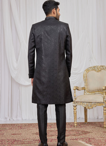 Black Jaquard  Patten Pcs Wedding Wear Readymade Indowestern Suit SW977450