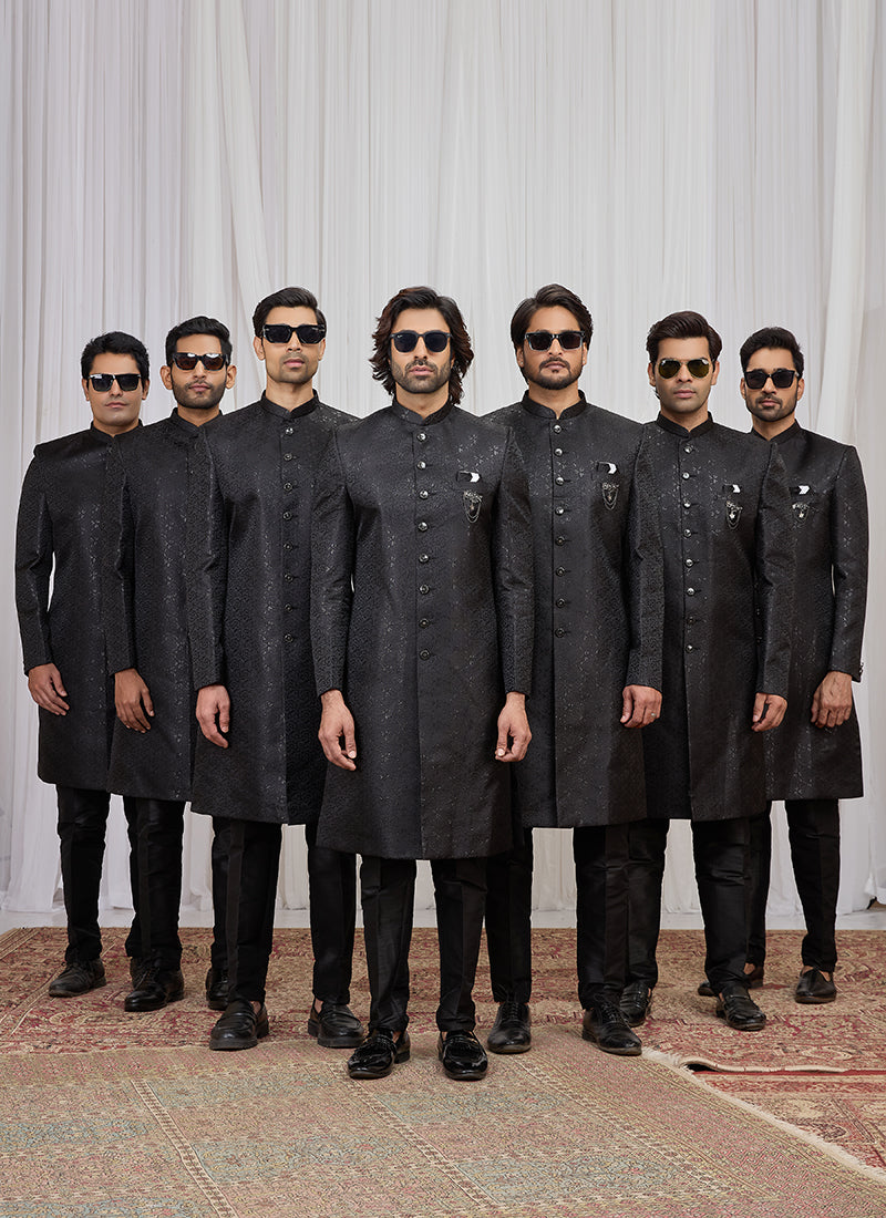 Black Jaquard  Patten Pcs Wedding Wear Readymade Indowestern Suit SW977450