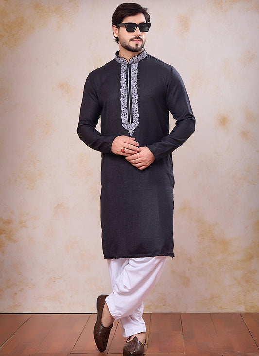 Black Linen Cotton Embroidery Work Occasional Wear Readymade Kurta Pajama SW798998
