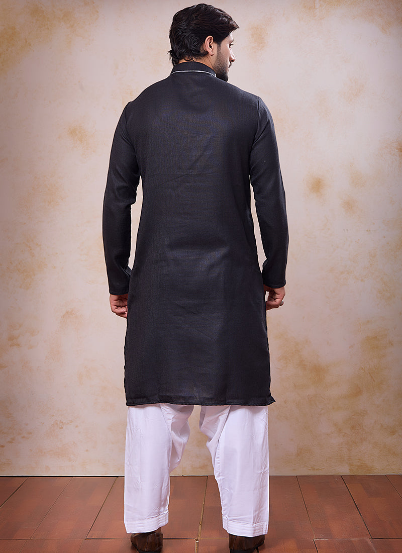 Black Linen Cotton Embroidery Work Occasional Wear Readymade Kurta Pajama SW798998