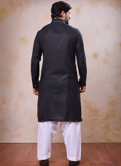 Black Linen Cotton Embroidery Work Occasional Wear Readymade Kurta Pajama SW798998