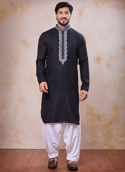 Black Linen Cotton Embroidery Work Occasional Wear Readymade Kurta Pajama SW798998