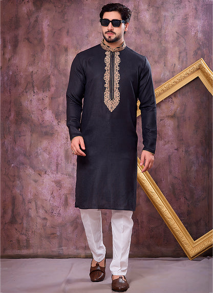 Black Linen Cotton Embroidery Work Occasional Wear Readymade Kurta Pajama SW641113