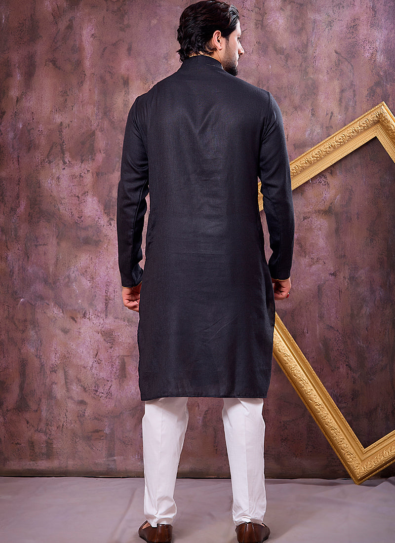 Black Linen Cotton Embroidery Work Occasional Wear Readymade Kurta Pajama SW641113