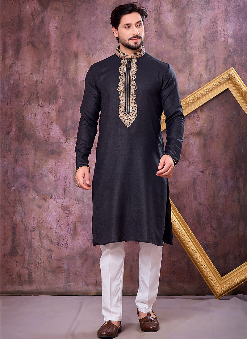 Black Linen Cotton Embroidery Work Occasional Wear Readymade Kurta Pajama SW641113