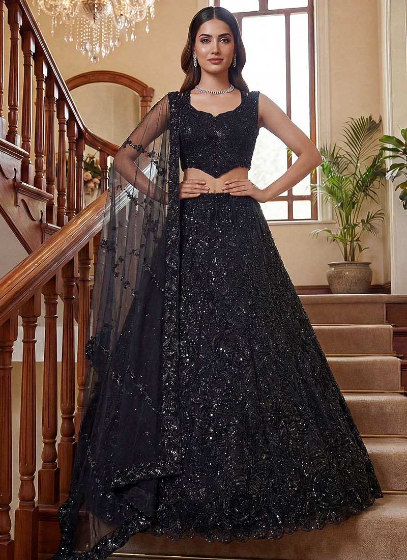Black Net Thread Work Wedding Wear Lehenga Choli SW685400