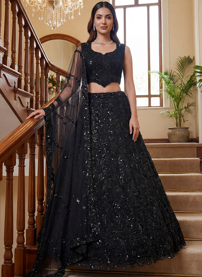 Black Net Thread Work Wedding Wear Lehenga Choli SW685400